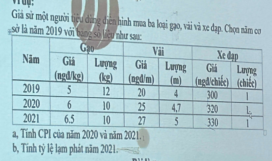 Giả sử một người tiệu dùng diễn hình mua ba loại gạo, vài và xe đạp. Chọn năm cơ 
sở là năm 2019 với 
năm 2021. 
b, Tính tỷ lệ lạm phát năm 2021.