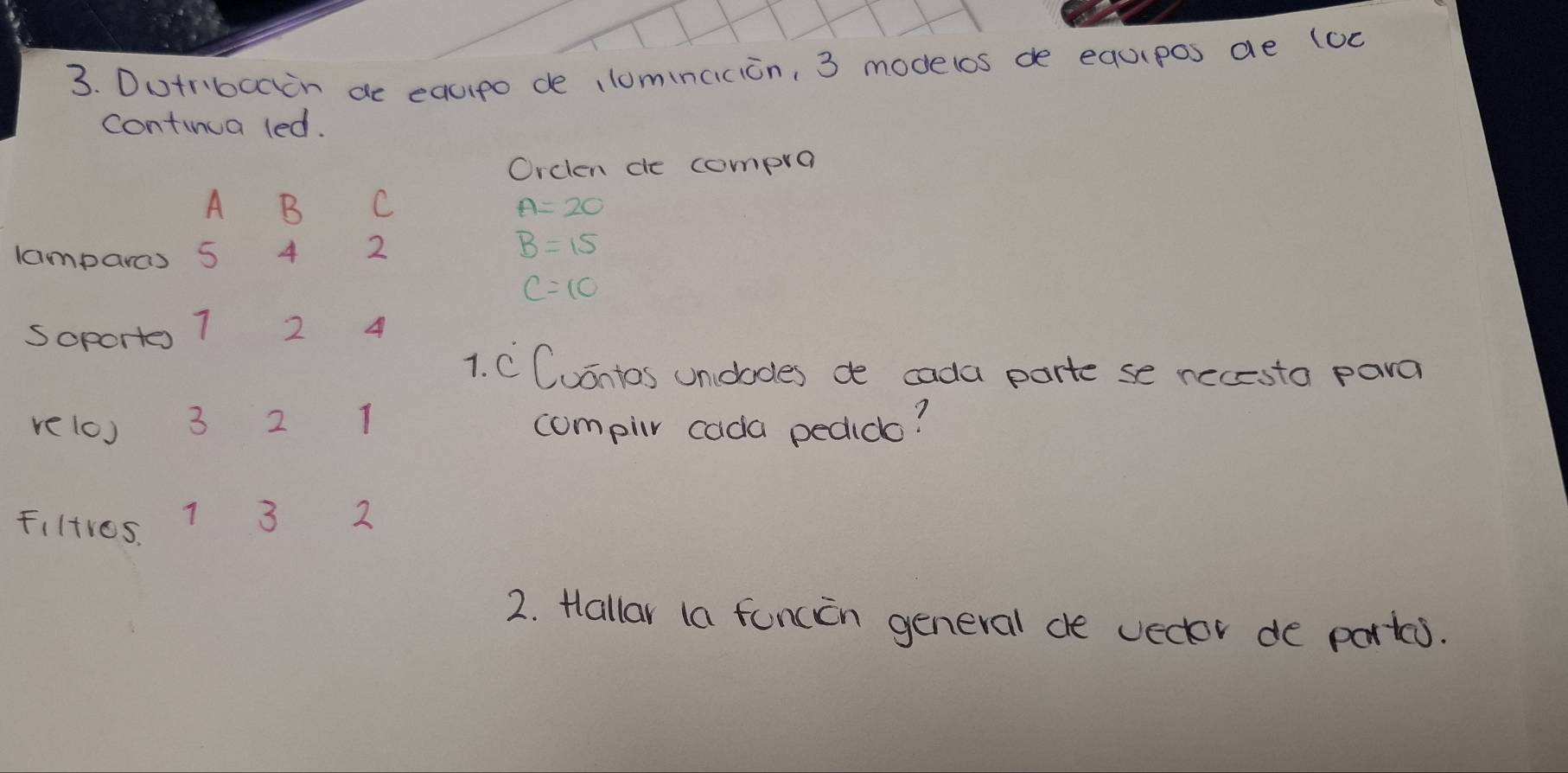 Dutribccin ae equipo de lomincicion, 3 modelos de equrpos de (oc 
continua led. 
Orclen ce compro
A B C A=20
lamparas 5 4 2 B=15
C=10
Soporte 7 2 A 
1. C Cuontos undodes de cada parte se necesto para 
re(o) 3 2 compir cada pedido? 
Filtres. 7 3 2
2. Hallar (a funcen general de vecter de ports.