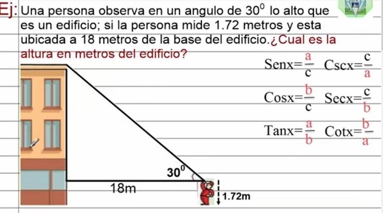 Ej: Una persona observa en un angulo de 30° lo alto que
_
es un edificio; si la persona mide 1.72 metros y esta
ubicada a 18 metros de la base del edificio.¿Cual es la
altura en metros del edificio?
Senx= a/c Cscx= c/a 
Cosx= b/c Secx= c/b 
Tanx= a/b Cotx= b/a 