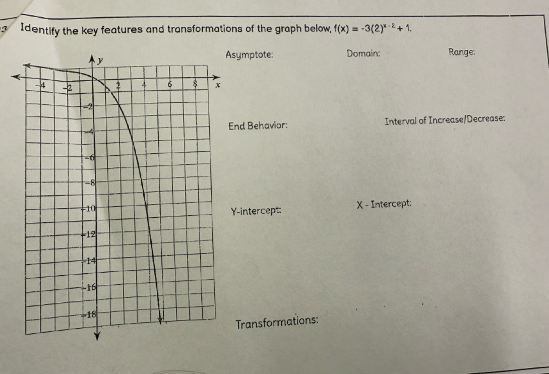 Identify the key features and transformations of the graph below, f(x)=-3(2)^x-2+1. 
ymptote: Domain: Range: 
nd Behavior: Interval of Increase/Decrease:
X - Intercept: 
-intercept: 
Transformations: