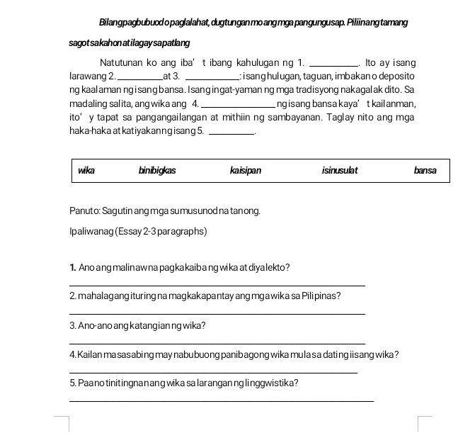 Solved: Bilang pagbubuod o paglalahat, dugtungan mo ang mga pangungusap ...