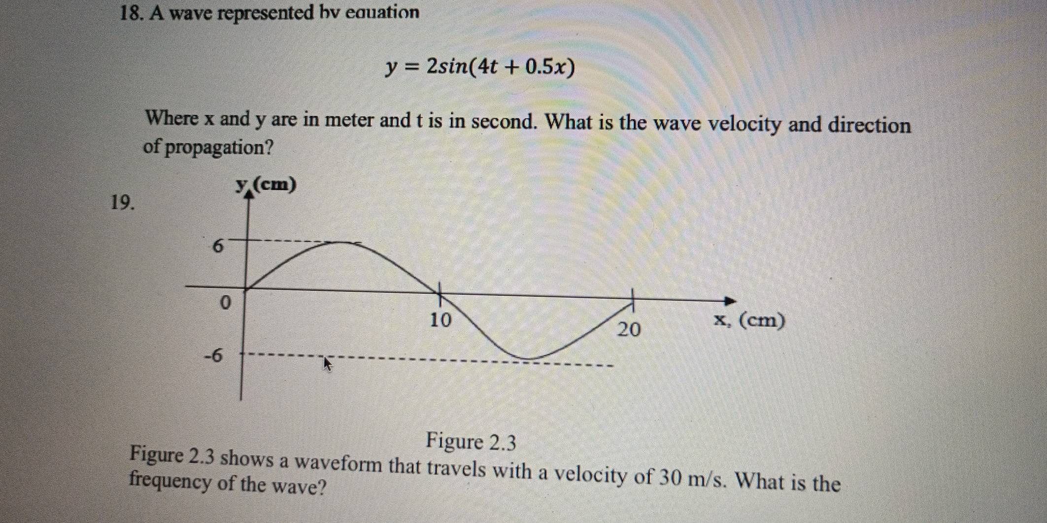 A wave represented bv equation
y=2sin (4t+0.5x)
Where x and y are in meter and t is in second. What is the wave velocity and direction
of propagation?
19.
Figure 2.3
Figure 2.3 shows a waveform that travels with a velocity of 30 m/s. What is the
frequency of the wave?