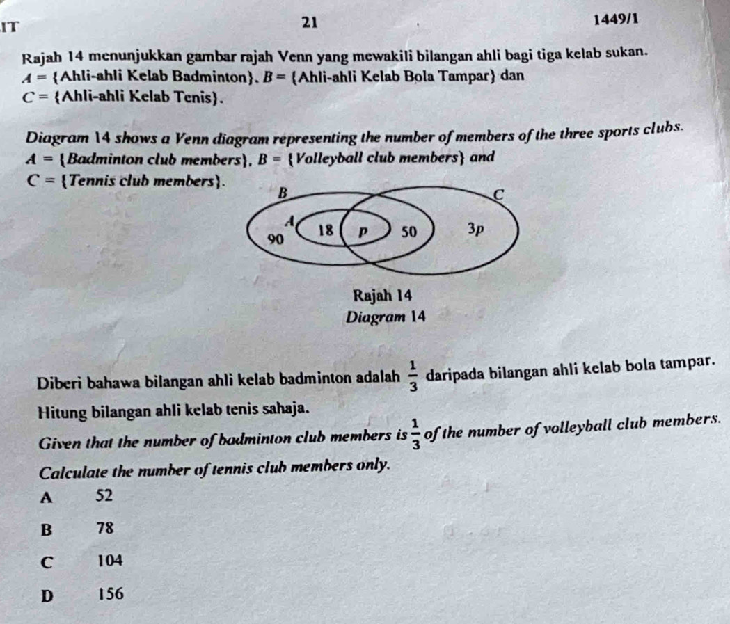 IT
21 1449/1
Rajah 14 menunjukkan gambar rajah Venn yang mewakili bilangan ahli bagi tiga kelab sukan.
A= Ahli-ahli Kelab Badminton. B= Ahli-ahli Kelab Bola Tampar dan
C= Ahli-ahli Kelab Tenis.
Diagram 14 shows a Venn diagram representing the number of members of the three sports clubs.
A= Badminton club members, B= Volleyball club members and
C= Tennis club members
Diberi bahawa bilangan ahli kelab badminton adalah  1/3  daripada bilangan ahli kelab bola tampar.
Hitung bilangan ahli kelab tenis sahaja.
Given that the number of badminton club members is  1/3  of the number of volleyball club members.
Calculate the number of tennis club members only.
A 52
B 78
C 104
D 156