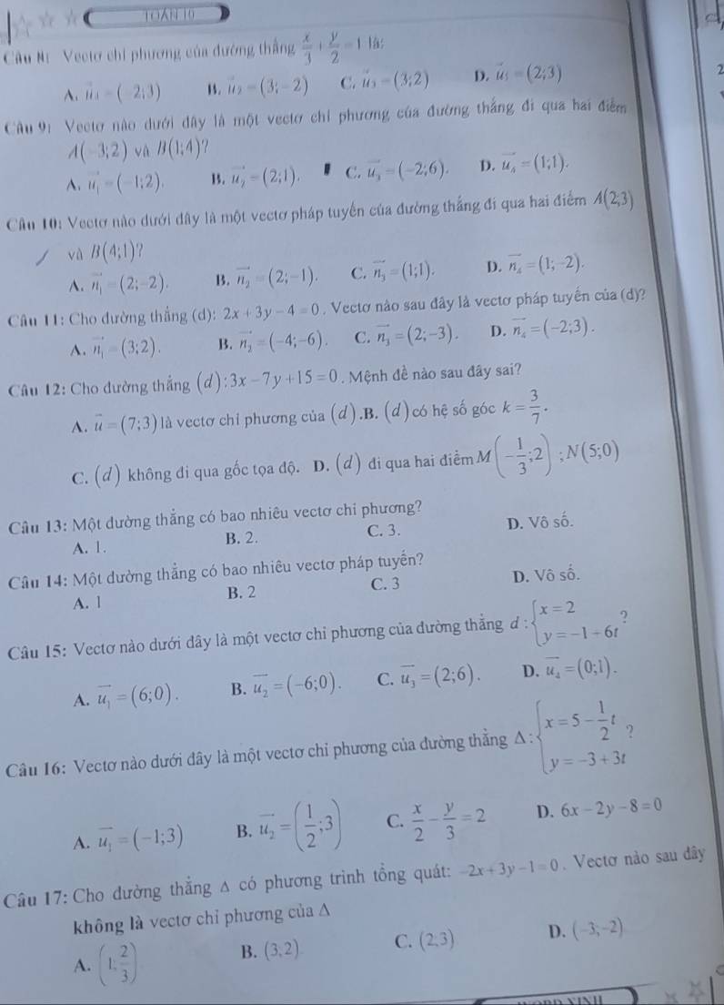 TOAN 10
Câu N:  Vectơ chi phương của đường thắng  x/3 + y/2 =1
A. vector n(-(-2;3) B. vector u_2=(3;-2) C. i_3=(3;2) D. vector us=(2;3)
2
Câu 91: Vecto nào dưới dây là một vectơ chỉ phương của đường thắng đi qua hai điểm
A(-3;2) và B(1:4) ?
A. vector u_1=(-1;2). B. vector u_2=(2;1). C. vector u_3=(-2;6). D. vector u_4=(1;1).
Câu 10: Vectơ nào dưới dây là một vectơ pháp tuyến của đường thắng đi qua hai điểm A(2,3)
và B(4;1)
A. vector n_1=(2;-2). B. vector n_2=(2;-1). C. vector n_3=(1;1). D. vector n_4=(1;-2).
âu 11: Cho đường thắng (d): 2x+3y-4=0. Vectơ nào sau đây là vectơ pháp tuyến của (d)?
A. vector n_1=(3;2). B. vector n_2=(-4;-6). C. vector n_3=(2;-3). D. vector n_4=(-2;3).
Câu 12: Cho đường thắng (d): 3x-7y+15=0. Mệnh đề nào sau đây sai?
A. vector u=(7;3) là vectơ chỉ phương của (d).B. (d)có hệ số góc k= 3/7 .
C. (d ) không đi qua gốc tọa độ. D. (d) đi qua hai điểm M (- 1/3 ;2);N(5;0)
Câu 13: Một dường thắng có bao nhiêu vectơ chi phương?
A. 1. D. Vô số.
B. 2. C. 3.
Câu 14: Một dường thẳng có bao nhiêu vectơ pháp tuyến?
A. l B. 2 C. 3 D. Vô số.
Câu 15: Vectơ nào dưới dây là một vectơ chi phương của đường thẳng d:beginarrayl x=2 y=-1+6tendarray.
A. overline u_1=(6;0). B. overline u_2=(-6;0). C. overline u_3=(2;6). D. vector u_4=(0;1).
Câu 16: Vectơ nào dưới dây là một vectơ chỉ phương của đường thẳng A : Delta :beginarrayl x=5- 1/2 t, y=-3+3tendarray.
A. vector u_1=(-1;3) B. vector u_2=( 1/2 ;3) C.  x/2 - y/3 =2 D. 6x-2y-8=0
Câu 17: Cho đường thẳng Δ có phương trình tổng quát: -2x+3y-1=0.  Vectơ nào sau đây
không là vectơ chỉ phương của A
A. (1, 2/3 )
B. (3,2). C. (2,3) D. (-3,-2)