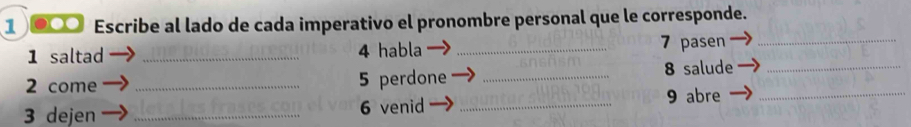 1 ●○ Escribe al lado de cada imperativo el pronombre personal que le corresponde. 
1 saltad _4 habla _ 7 pasen_ 
2 come _ 5 perdone _ 8 salude_ 
3 dejen _ 6 venid _ 9 abre_