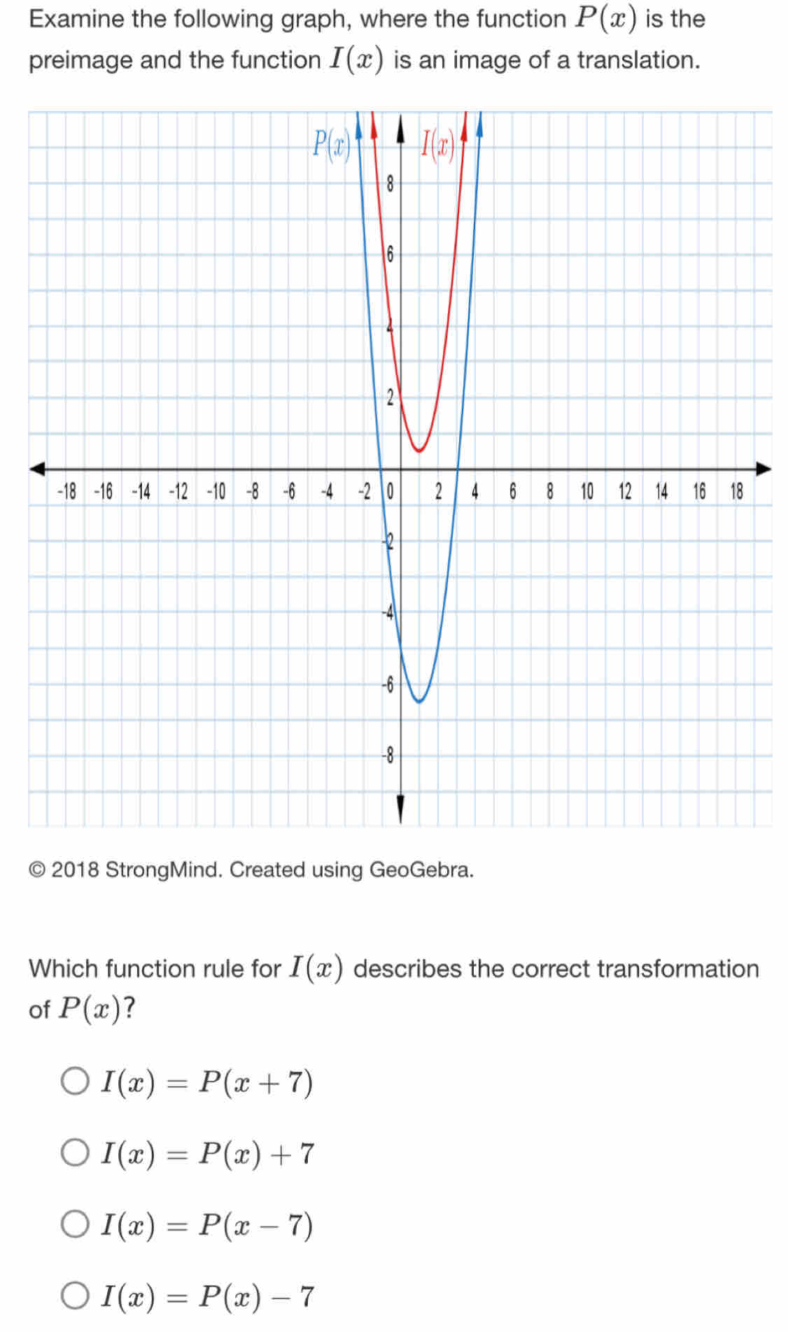 Examine the following graph, where the function P(x) is the
preimage and the function I(x) is an image of a translation.
© 2018 StrongMind. Created using GeoGebra.
Which function rule for I(x) describes the correct transformation
of P(x) ?
I(x)=P(x+7)
I(x)=P(x)+7
I(x)=P(x-7)
I(x)=P(x)-7