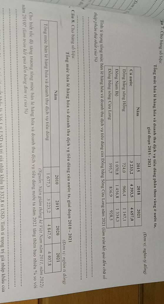 Cău 7. Cho bảng số liệu: 
Tổng mức bán lẻ hàng hóa và doanh thu dịch vụ tiêu dùng phân theo vùng ở nước ta, 
giai đoạn 2015 - 2021 
vị: nghin tỷ đồng) 
_ 
Dơn vị 1 
_ 
_ 
_ 
Tính tỉ trọng tổng mức bán lẻ hàng hóa và doanh thu dịch vụ tiêu dùng của Đồng bằng Sông Cửu Long năm 2òn kết quả đến chữ số 
_ 
thập phân thứ nhất của %) 
_ 
_ 
Câu 8. Cho bảng số liệu: 
Tổng mức bán lẻ hàng hóa và doanh thu dịch vụ tiêu dùng của nước ta, giai đoạn 2010 - 2021 
ỉ đồng) 
Cho biết tốc độ tăng trường tổng mức bản lẻ hàng hóa và doanh thu dịch vụ tiêu dùng nước ta năm 2021 tăng thêm bao nhiêu % so với 
_ 
năm 2010? (lâm tròn kết qua đến hàng đơn vị của %) 
_ 
_ 
à là 336 1 tỉ USD và trị giá nhập khẩu là 332,8 tỉ USD. Tính tỉ trọng trị giá nhập khẩu của