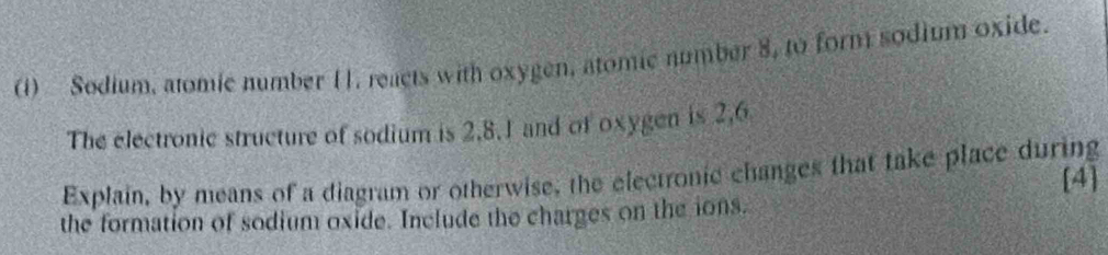 (1) Sodium, atomie number 11. reacts with oxygen, atomic number 8, to form sodium oxide. 
The electronic structure of sodium is 2, 8.1 and of oxygen is 2, 6
Explain, by means of a diagram or otherwise, the electronic changes that take place during 
[4] 
the formation of sodium oxide. Include the charges on the ions.