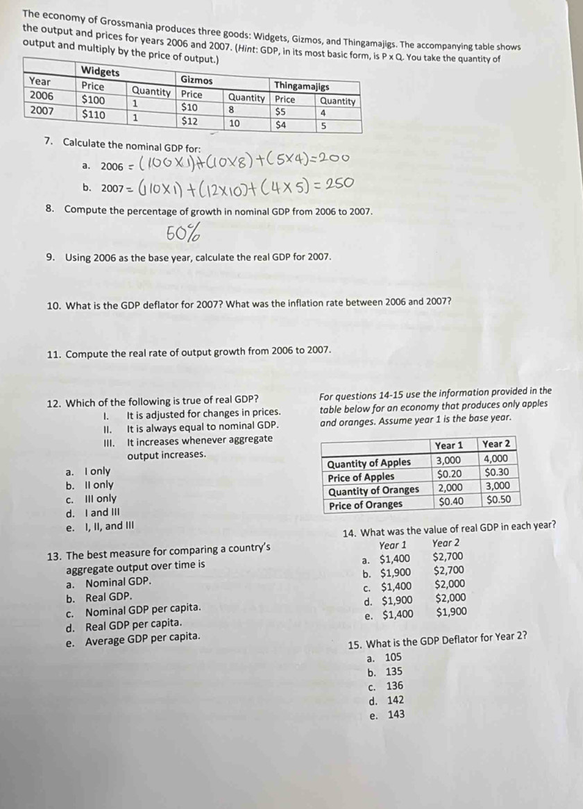 The economy of Grossmania produces three goods: Widgets, Gizmos, and Thingamajigs. The accompanying table shows
the output and prices for years 2006 and 2007. (Hint: GDP, in its You take the quantity of
output and multiply by 
Calculate the nominal GDP for:
a, 20
b.
8. Compute the percentage of growth in nominal GDP from 2006 to 2007.
9. Using 2006 as the base year, calculate the real GDP for 2007.
10. What is the GDP deflator for 2007? What was the inflation rate between 2006 and 2007?
11. Compute the real rate of output growth from 2006 to 2007.
12. Which of the following is true of real GDP? For questions 14-15 use the information provided in the
I. It is adjusted for changes in prices. table below for an economy that produces only apples
II. It is always equal to nominal GDP. and oranges. Assume year 1 is the base year.
III. It increases whenever aggregate
output increases.
a. I only
b. Il only
c. III only
d. I and III
e. I, II, and III
14. What was the value of real GDP in each year?
13. The best measure for comparing a country's Year 1 Year 2
aggregate output over time is a. $1,400 $2,700
a. Nominal GDP. b. $1,900 $2,700
b. Real GDP. c. $1,400 $2,000
c. Nominal GDP per capita. d. $1,900 $2,000
d. Real GDP per capita. e. $1,400 $1,900
e. Average GDP per capita.
15. What is the GDP Deflator for Year 2?
a. 105
b. 135
c. 136
d. 142
e. 143