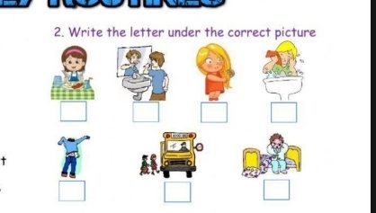 Write the letter under the correct picture 
t