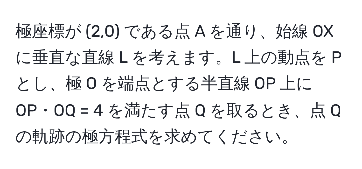 極座標が (2,0) である点 A を通り、始線 OX に垂直な直線 L を考えます。L 上の動点を P とし、極 O を端点とする半直線 OP 上に OP・OQ = 4 を満たす点 Q を取るとき、点 Q の軌跡の極方程式を求めてください。