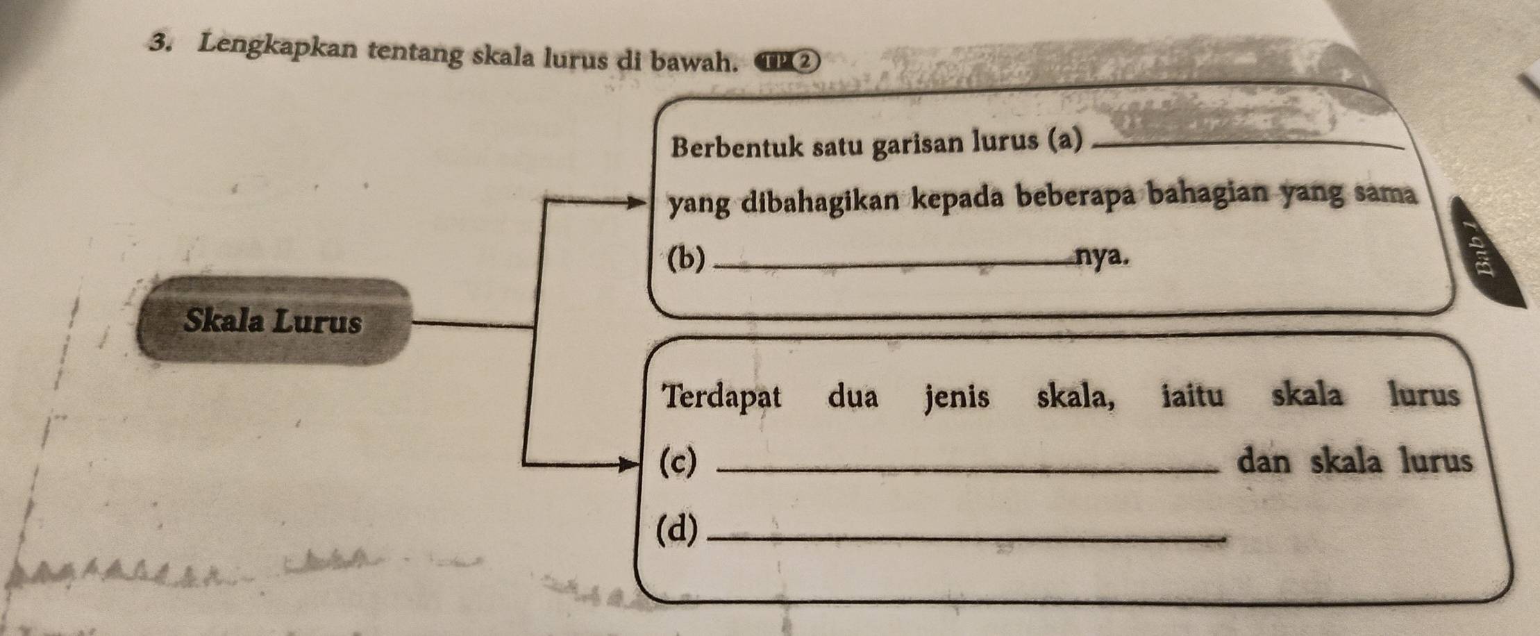 Lengkapkan tentang skala lurus di bawah. TX2 
Berbentuk satu garisan lurus (a)_ 
yang dibahagikan kepada beberapa bahagian yang sama 
(b) _nya. 
Skala Lurus 
Terdapat dua jenis skala, iaitu skala lurus 
(c) _dan skala lurus 
(d)_