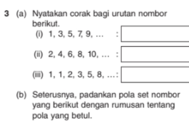 3 (a) Nyatakan corak bagi urutan nombor 
berikut. 
(i) 1, 3, 5, 7, 9,... : 
(ii) 2, 4, 6, 8, 10,...: 
(iii) 1, 1, 2, 3, 5, 8,...:| 
(b) Seterusnya, padankan pola set nombor 
yang berikut dengan rumusan tentang 
pola yang betul.