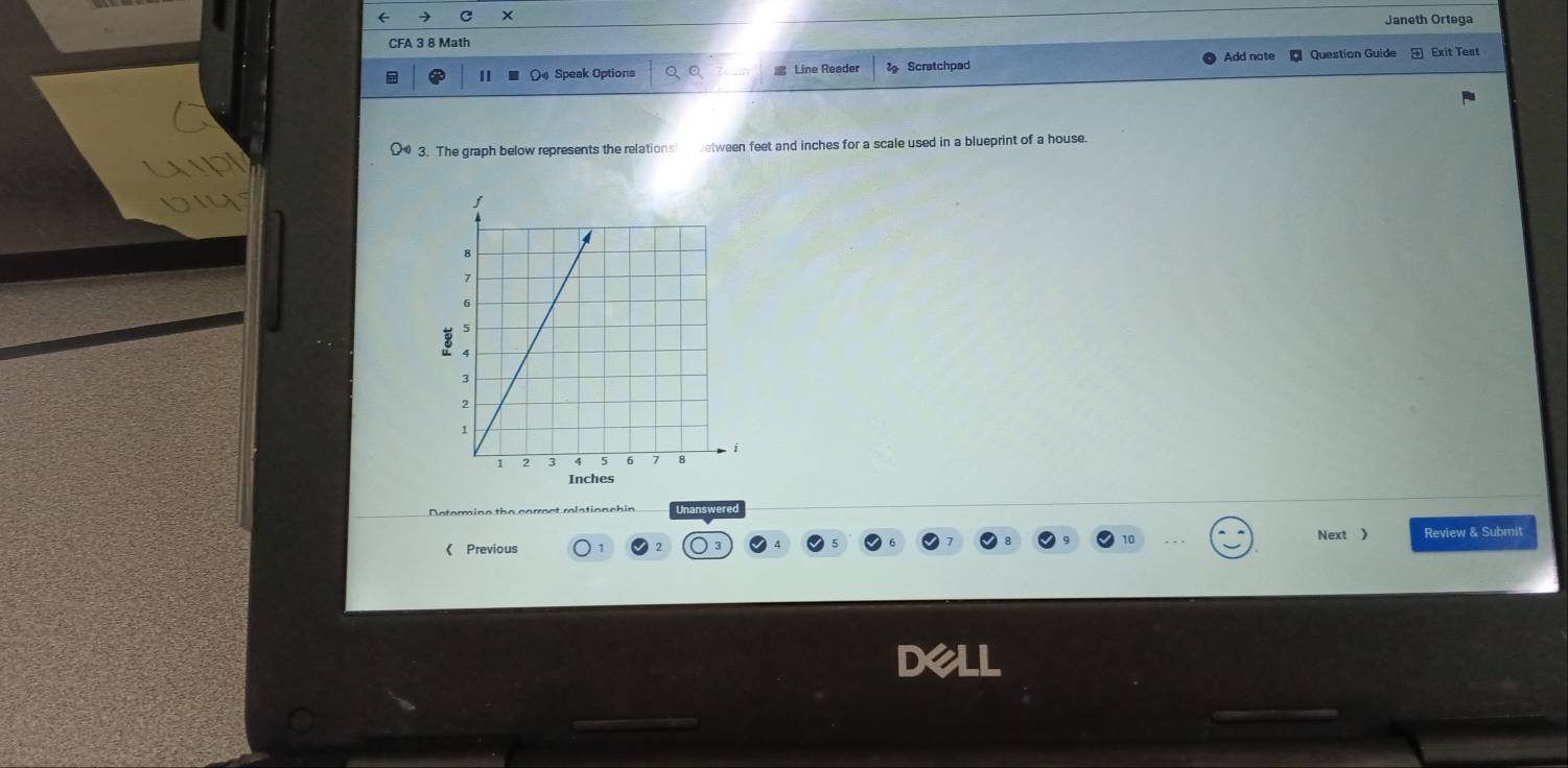 × 
CFA 3 8 Math 
I Ω Speak Options Q。 Line Reader Scratchpad Add note Question Guide Exit Test 
3. The graph below represents the relationsl between feet and inches for a scale used in a blueprint of a house.
Inches
Unanswere 
Next 》 
《 Previous Review & Submit