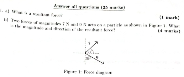 Answer all questions (25 marks) 
1. a) What is a resultant force? 
(1 mark) 
b) Two forces of magnitudes 7 N and 9 N acts on a particle as shown in Figure 1. What 
is the magnitude and direction of the resultant force? (4 marks)
7
45°
30° 9 
Figure 1: Force diagram