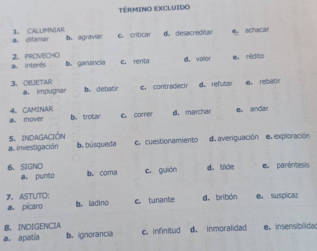 TÉRMINO EXCLUIDO
1。 CALUMNIAR
a. difamar b. agraviar c. criticar d. desacreditar e. achacar
2.PROVECHO
a. interés b. ganancia c. renta d. valor e. rédito
3. OBJETAR e. rebatir
a. impugnar b. debatir c. contradecir d. refutar
4. CAMINAR
a. mover b. trotar c. correr d. marchar e. andar
5. INDAGACIÓN
a. investigación b. búsqueda c. cuestionamiento d. averiguación e. exploración
6. SIGNO d. tilde e. paréntesis
a. punto b. coma c. guión
7. ASTUTO: d. bribón e. suspicaz
a. pícaro b. ladino c. tunante
8. INDIGENCIA
a. apatía b. ignorancia c. infinitud d. inmoralidad e insensibilidad