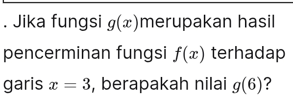 Jika fungsi g(x) merupakan hasil 
pencerminan fungsi f(x) terhadap 
garis x=3 , berapakah nilai g(6) ?