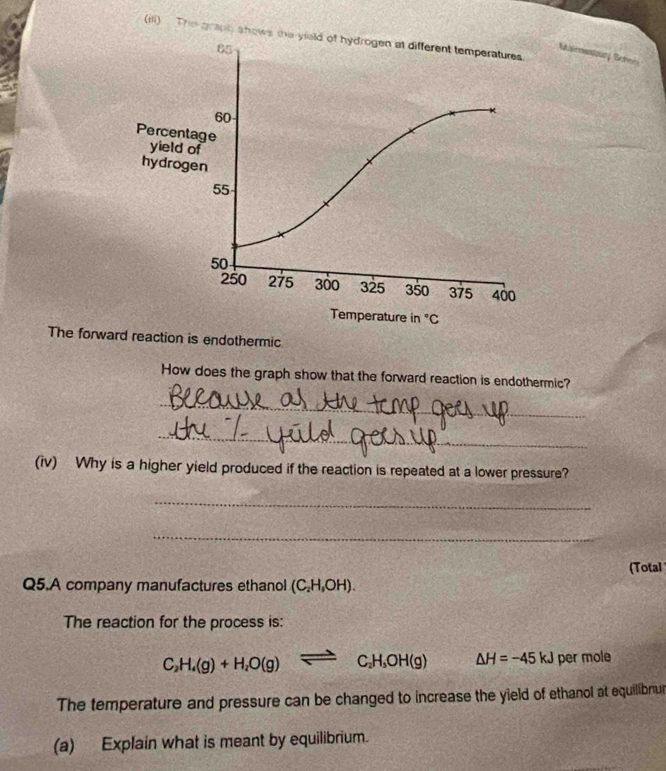 (ri) The graph shows t
Maimestu Sornh
The forward reaction is endothermic
How does the graph show that the forward reaction is endothermic?
_
_
(iv) Why is a higher yield produced if the reaction is repeated at a lower pressure?
_
_
(Total
Q5.A company manufactures ethanol (C_2H_5OH).
The reaction for the process is:
C_2H_4(g)+H_2O(g) Longleftrightarrow C_2H_5OH(g) △ H=-45kJ per mole
The temperature and pressure can be changed to increase the yield of ethanol at equilibrur
(a) Explain what is meant by equilibrium.