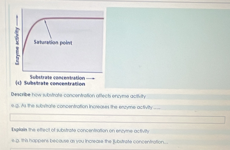 Describe how substrate concentration affects enzyme activity 
e.g. As the substrate concentration increases the enzyme activity .... 
Explain the effect of substrate concentration on enzyme activity 
e.g. this happens because as you increase the substrate concentration...