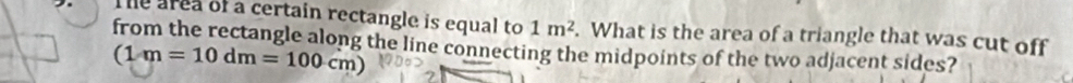 The area of a certain rectangle is equal to 1m^2. What is the area of a triangle that was cut off 
from the rectangle along the line connecting the midpoints of the two adjacent sides?
(1m=10dm=100cm)