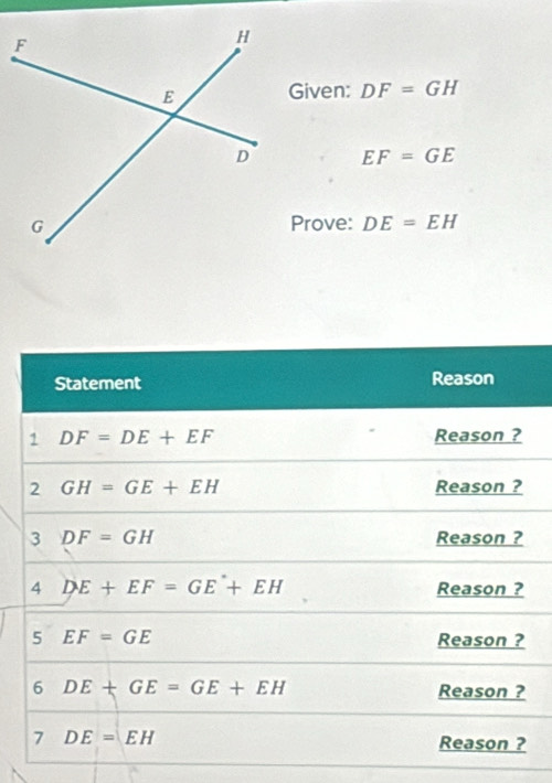 Given: DF=GH
EF=GE
Prove: DE=EH