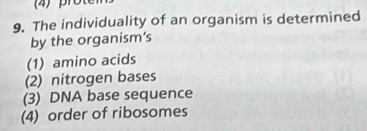 protem
9. The individuality of an organism is determined
by the organism’s
(1) amino acids
(2) nitrogen bases
(3) DNA base sequence
(4) order of ribosomes