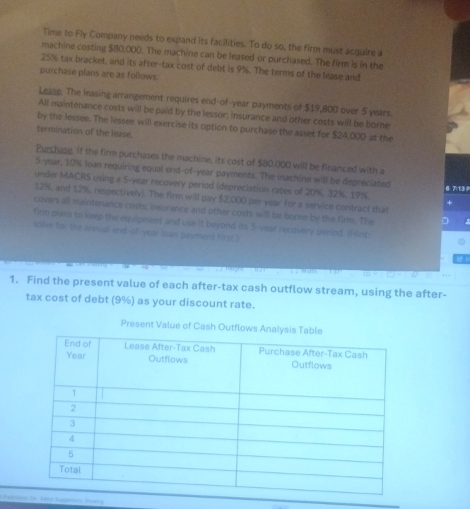 Time to Fly Company needs to expand its facilities. To do so, the firm must acquire a 
machine costing $80,000. The machine can be leased or purchased. The firm is in the
25% tax bracket, and its after-tax cost of debt is 9%. The terms of the lease and 
purchase plans are as follows: 
Lease. The leasing arrangement requires end-of-year payments of $19,800 over 5 years. 
All maintenance costs will be paid by the lessor; insurance and other costs will be borne 
by the lessee. The lessee will exercise its option to purchase the asset for $24,000 at the 
termination of the lease. 
Purchase. If the firm purchases the machine, its cost of $80,000 will be financed with a
5-year, 10% loan requiring equal end-of-year payments. The machine will be depreciated 6 7:13 P
under MACRS using a 5-year recovery period (depreciation rates of 20%, 32%. 19%.
12%, and 12%, respectively). The firm will pay $2.000 per year for a service contract that 
covers all maintenance costs; insurance and other costs will be borne by the firm. The 
a 
firm plans to keep the equipment and use it beyond its 5-year recovery perlod. (Hint: 
solve for the annual end-of-year loan payment first.) 
9 
am 
1. Find the present value of each after-tax cash outflow stream, using the after- 
tax cost of debt (9%) as your discount rate. 
Present Value of Cash Outflows Ana 
t Aediieor luggetions: Showng