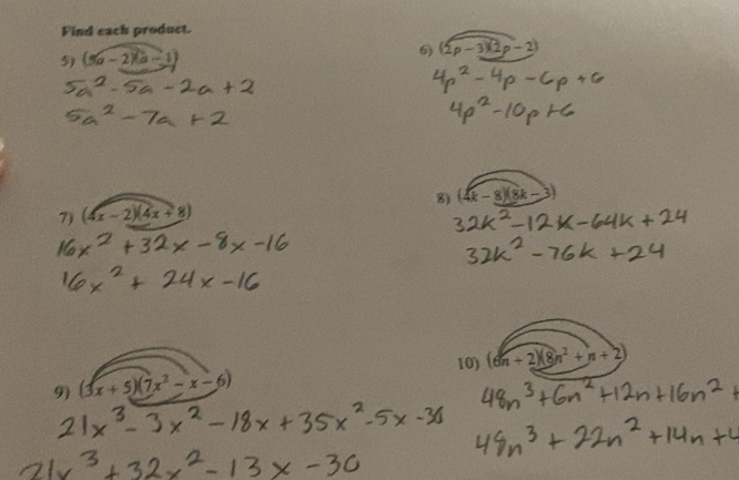 Solved: Find each product. 5) (3a-2)(a-1) 6) (2p-3)(2p-2) 7) (4x-2)(4x ...