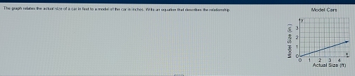 The graph relaties the actuall size of a car in feet to a modell of the car ininches. Write an uquation that describes the melationship Model Cars 
Actual Size (ft)