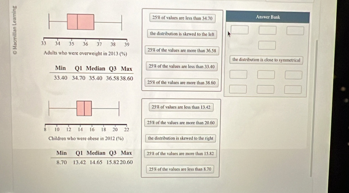 25% of values are less than 34.70 Answer Bank
the distribution is skewed to the left
Adults who were overweight in 2013 (%) 25% of the values are more than 36.58
the distribution is close to symmetrical
25% of the values are less than 33.40
25% of the values are more than 38.60
25% of values are less than 13.42
25% of the values are more than 20.60
Children who were obese in 2012 (%) the distribution is skewed to the right
Min Q1 Median Q3 Max 25% of the values are more than 15.82
8.70 13.42 14.65 15.82 20.60
25% of the values are less than 8.70