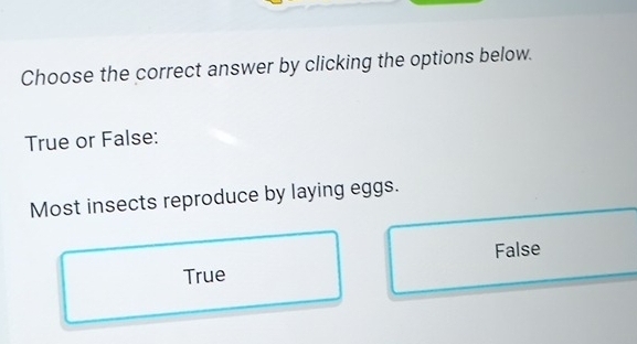 Choose the correct answer by clicking the options below.
True or False:
Most insects reproduce by laying eggs.
False
True