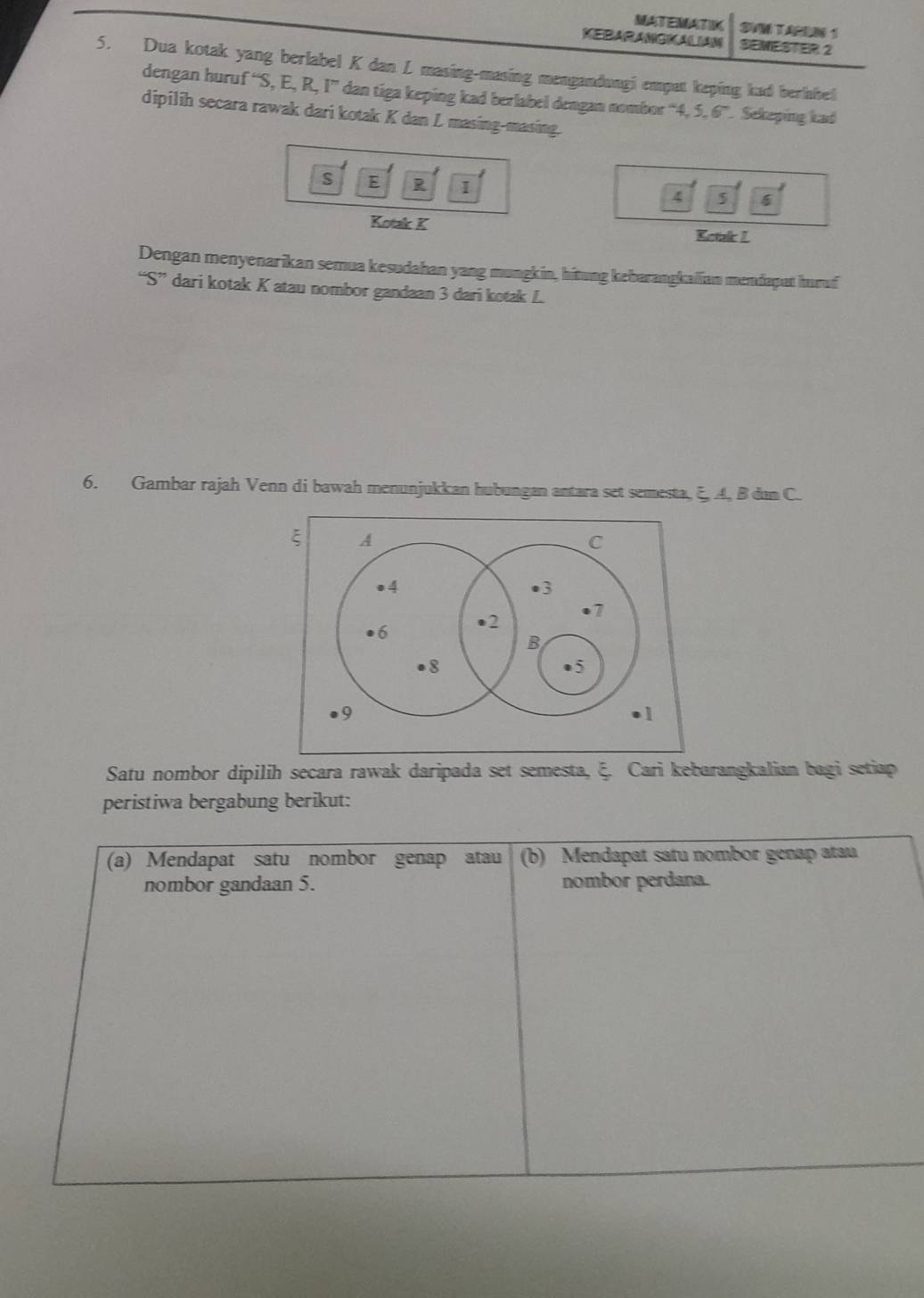 MATEMATK 
KEBARANGKALIAN SEMESTER 2 
5. Dua kotak yang berlabel K dan L masing-masing mengandungi emput keping kad berhbel 
dengan huruf “ S, E, R, I ” dan tiga keping kad berlabel dengan nombor “ 4, 5, 6 ”. Sekeping kad 
dipilih secara rawak dari kotak K dan L masing-masing.
S E R I
8 5 6
Kotak K
Ketak I
Dengan menyenarikan semua kesudahan yang mungkin, hitung kebarangkalian mendapat huruf 
“ S ” dari kotak K atau nombor gandaan 3 dari kotak L. 
6. Gambar rajah Venn di bawah menunjukkan hubungan antara set semesta, ξ A, B dan C. 
Satu nombor dipilih secara rawak daripada set semesta, ξ. Cari kebarangkalian bagi setiap 
peristiwa bergabung berikut: 
(a) Mendapat satu nombor genap atau (b) Mendapat satu nombor genap atau 
nombor gandaan 5. nombor perdana.