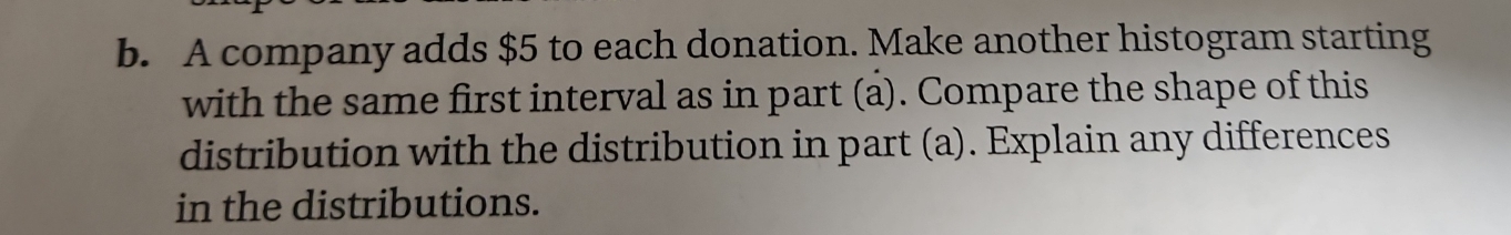 A company adds $5 to each donation. Make another histogram starting 
with the same first interval as in part (a). Compare the shape of this 
distribution with the distribution in part (a). Explain any differences 
in the distributions.