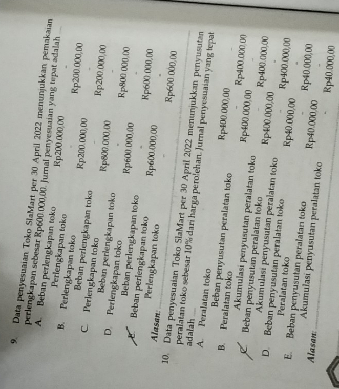 Data penyesuaian Toko SlaMart per 30 April 2022 menunjukkan pemakaian
perlengkapan sebesar Rp600.000,00. Jurnal penyesuaian yang tepat adalah
A. Beban perlengkapan toko
Perlengkapan toko
Rp200.000/00
B. Perlengkapan toko
Rp200.000,00
Rp200.000,00
Beban perlengkapan toko Rp200.000,00
C. Perlengkapan toko
Rp800.000,00
Beban perlengkapan toko
D Perlengkapan toko Rp600.000,00
Rp800.000,00
Beban perlengkapan toko
E Beban perlengkapan toko Rp600.000,00
Rp600.000,00
Perlengkapan toko
Alasan: Rp600.000,00
10. Data penyesuaian Toko SlaMart per 30 April 2022 menunjukkan penyusutan
adalah
peralatan toko sebesar 10% dari harga perolehan. Jurnal penyesuaian yang tepat
A. Peralatan toko
Beban penyusutan peralatan toko Rp400.000,00
B. Peralatan toko
Rp400.000.00
Rp400.000,00
Akumulasi penyusutan peralatan toko Rp400.000,00
C Beban penyusutan peralatan toko Rp400.000,00
Akumulasi penyusutan peralatan toko
D. Beban penyusutan peralatan toko Rp40.000,00 Rp400.000,00
Peralatan toko
E. Beban penyusutan peralatan toko Rp40.000,00
Rp40.000,00
Akumulasi penyusutan peralatan toko
Alasan:_
Rp40.000,00