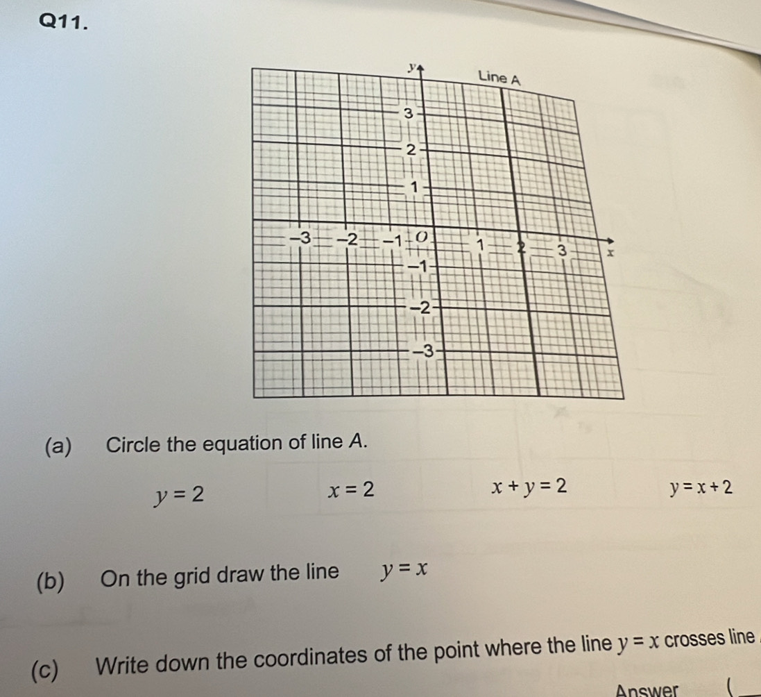 Circle the equation of line A.
y=2
x=2
x+y=2
y=x+2
(b) On the grid draw the line y=x
(c) Write down the coordinates of the point where the line y=x crosses line
Answer 