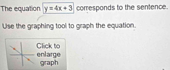 The equation y=4x+3 corresponds to the sentence. 
Use the graphing tool to graph the equation. 
Click to 
enlarge 
graph