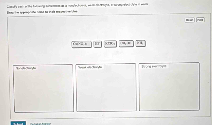 Classify each of the following substances as a nonelectrolyte, weak electrolyte, or strong electrolyte in water.
Drag the appropriate items to their respective bins.
Reset Help
Cu(NO_3)_2 HF KClO_2 CH_3OH NH_3
Nonelectrolyte Weak electrolyte Strong electrolyte
Submit Reauest Answer