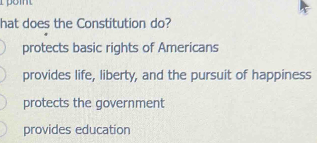 hat does the Constitution do?
protects basic rights of Americans
provides life, liberty, and the pursuit of happiness
protects the government
provides education