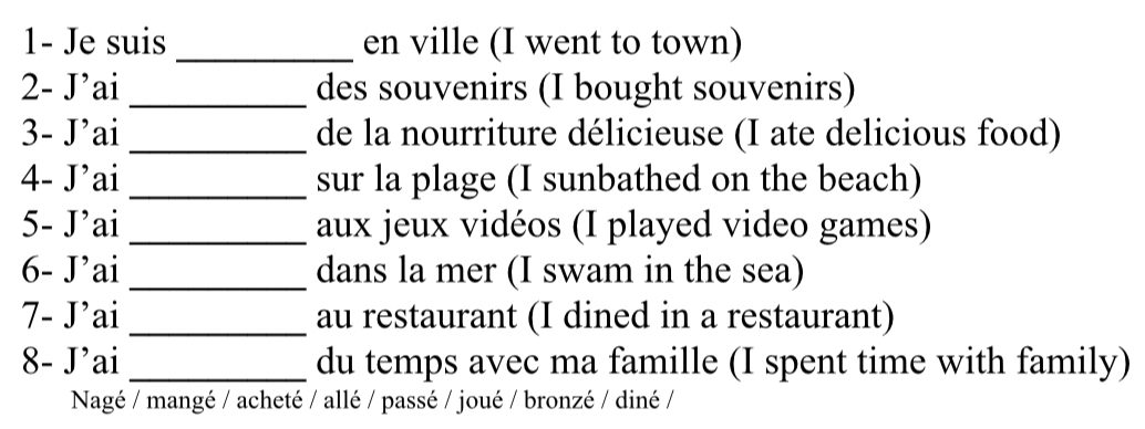 1- Je suis _en ville (I went to town) 
2- J’ai _des souvenirs (I bought souvenirs) 
3- J’ai _de la nourriture délicieuse (I ate delicious food) 
4- J’ai _sur la plage (I sunbathed on the beach) 
5- Jai _aux jeux vidéos (I played video games) 
6- J’ai _dans la mer (I swam in the sea) 
7- J'ai _au restaurant (I dined in a restaurant) 
8- J'ai _du temps avec ma famille (I spent time with family) 
Nagé / mangé / acheté / allé / passé / joué / bronzé / diné /