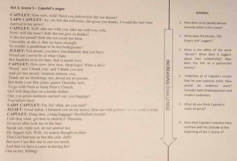 Act 3, Scene 5 - Capulet’s anger Activities:
CAPULET: How now, wife! Have you deliver'd to her our decree?
LADY CAPULET: Ay, sir; but she will none, she gives you thanks. I would the fool were 1. How does Lord Capulet behave
married to her grave! towards Juliet in this scene?
CAPULET: Soft! take me with you, take me with you, wife.
How! will she none? doth she not give us thanks? 2. What does the phrase, ‘My
Is she not proud? doth she not count her blest.
Unworthy as she is, that we have wrought fingers itch' suggest?
So worthy a gentleman to be her bridegroom? 3. What is the effect of the word
JULIET: Not proud, you have; but thankful, that you have: 'decree'? What does it suggest
Proud can I never be of what I hate;
But thankful even for hate, that is meant love. about their relationship? How
CAPULET: How now, how now, chop-logic! What is this?
$
does this link to a patriarchal
'Proud,' and 'I thank you,' and 'I thank you not;' society?
And yet 'not proud,' mistress minion, you. 4. Underline all of Capulet's insults
Thank me no thankings, nor, proud me no prouds. that he uses towards Juliet. How
But fettle your fine joints 'gainst Thursday next. would an audience react?
To go with Paris to Saint Peter's Church, Consider both Shakespearean and
=
Or I will drag thee on a hurdle thither. modern audiences.
Out, you green-sickness carrion! out, you baggage!
You tallow-face! 5. What do you think Capulet is
LADY CAPULET: Fie, fie! what, are you mad?
JULIET: Good father, I beseech you on my knees, Hear me with patience but to speak a word. really afraid of?
CAPULET: Hang thee, young baggage! disobedient wretch!
I tell thee what: get thee to church o' Thursday,
Or never after look me in the face: 6. How does Capulet’s reaction here
Speak not, reply not, do not answer me; contrast with his attitude at the
My fingers itch. Wife, we scarce thought us blest beginning of Act 1, Scene 2?
That God had lent us but this only child:
But now I see this one is one too much.
And that we have a curse in having her:
Out on her, hilding!