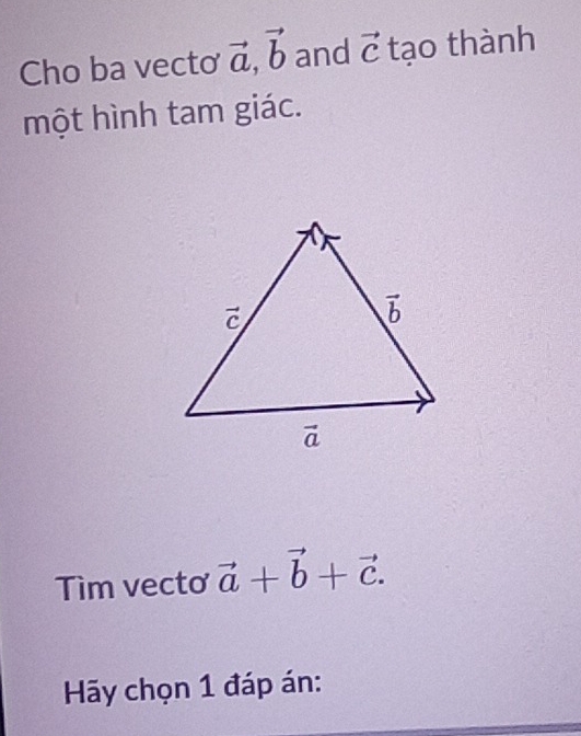 Cho ba vecto vector a,vector b and vector C tạo thành
một hình tam giác.
Tìm vecto vector a+vector b+vector c.
Hy chọn 1 đáp án: