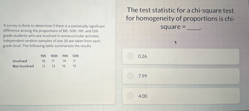 The test statistic for a chi-square test
for homogeneity of proportions is chi-
A survey is done to determine if there is a statistically significant square = __.
difference among the proportions of 9th, 10th, 11th, and 12th
grade students who are involved in extracurricular activities.
Independent random samples of size 30 are taken from each
grade level. The following table summarizes the results:
0.26
7.99
4.00