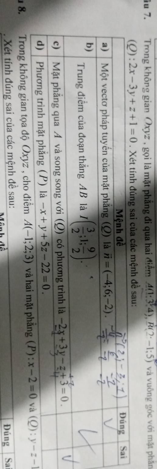 âu 7. Trong không gian Oxyz , gọi là mặt phẳng đi qua hai điểm A(1:3^2△ ),R(2^.-1;5) và vuông góc với mặt phản
ủa các mệnh đề sau:
18. Trong không gian tọa độ Oxyz , cho điểm A(-1;2;3) và hai mặt phẳng 
Xét tính đúng sai của các mệnh đề sau:
Đúng Sai