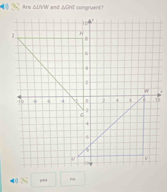 Are △ UVW and △ GHI congruent?
1) SA yes no