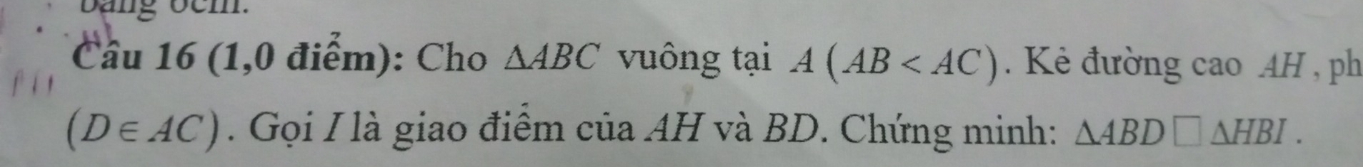 bang ocm. 
Câu 16 (1,0 điểm): Cho △ ABC vuông tại A(AB . Kẻ đường cao AH , ph
(D∈ AC). Gọi I là giao điểm của AH và BD. Chứng minh: △ ABD□ △ HBI.