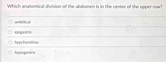 Which anatomical division of the abdomen is in the center of the upper row?
umbilical
epigastric
hypchondriac
hypogastric