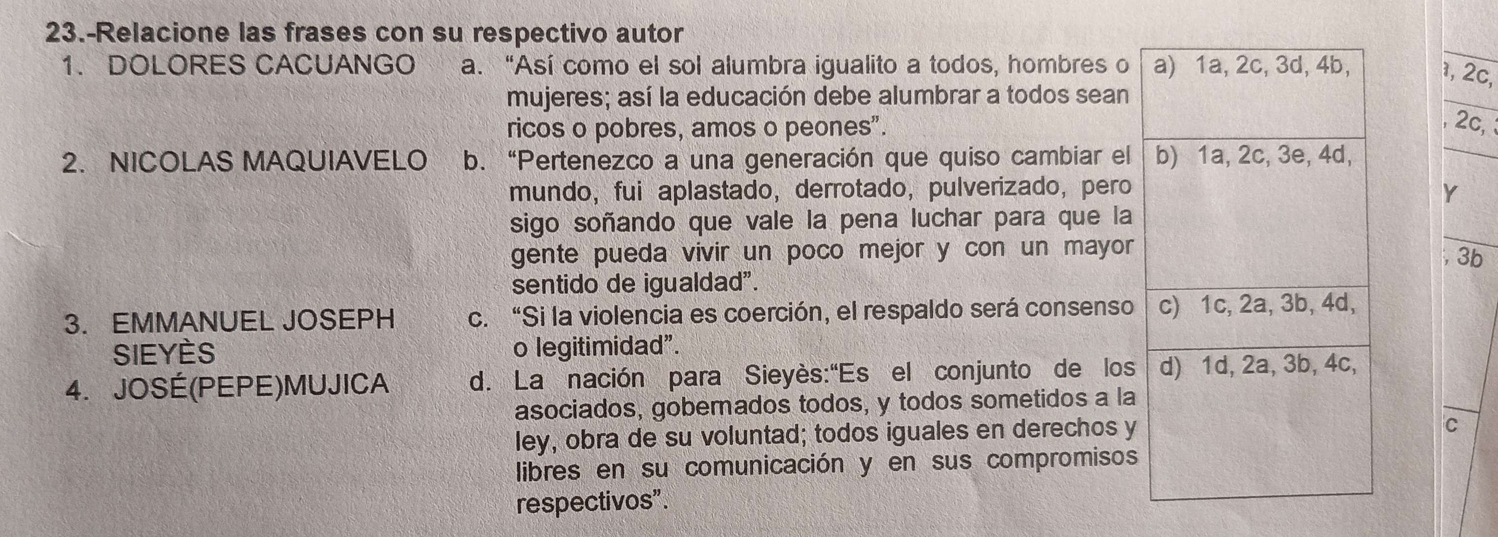 23.-Relacione las frases con su respectivo autor
1. DOLORES CACUANGO a. “Así como el sol alumbra igualito a todos, hombres o a) 1a, 2c, 3d, 4b,
_
1, 2c,
mujeres; así la educación debe alumbrar a todos sean
_
ricos o pobres, amos o peones".
2c,
2. NICOLAS MAQUIAVELO b.“Pertenezco a una generación que quiso cambiar el b) 1a, 2c, 3e, 4d,
_
mundo, fui aplastado, derrotado, pulverizado, pero Y
sigo soñando que vale la pena luchar para que la
gente pueda vivir un poco mejor y con un mayor 
3b
sentido de igualdad".
3. EMMANUEL JOSEPH c. “Si la violencia es coerción, el respaldo será consenso c) 1c, 2a, 3b, 4d,
Sieyès o legitimidad”.
4. JOSÉ(PEPE)MUJICA d. La nación para Sieyès:“Es el conjunto de los d) 1d, 2a, 3b, 4c,
asociados, goberados todos, y todos sometidos a la
ley, obra de su voluntad; todos iguales en derechos y
C
libres en su comunicación y en sus compromisos
respectivos”.