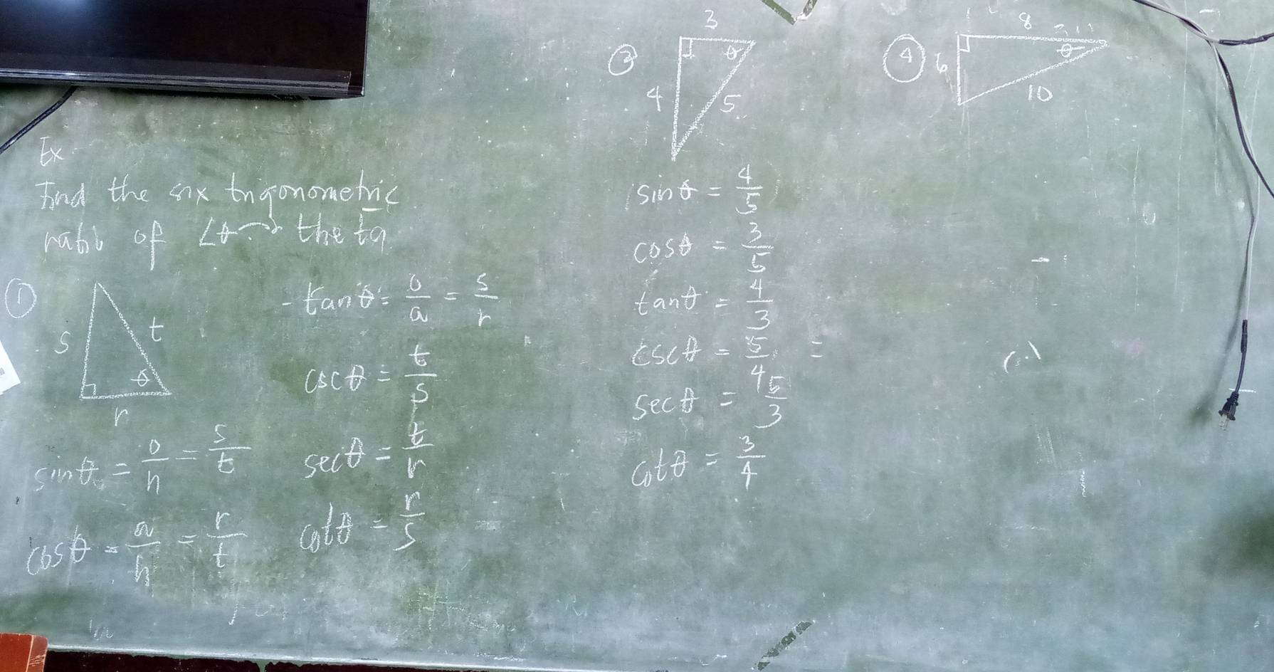 4)6 
And the sx tngonomefric
sin θ = 4/5 
nabi of La- the ta
cos θ = 3/5 
tan frac a= 6/a = s/r 
tan θ = 4/3 
csc θ = t/5 
csc t= 5/4 
sec θ = 15/3 
sin θ = 0/h = s/t  sec θ = t/r 
cot θ = 3/4 
cos θ = a/b = r/t  ab^ 1/0 = n/5 