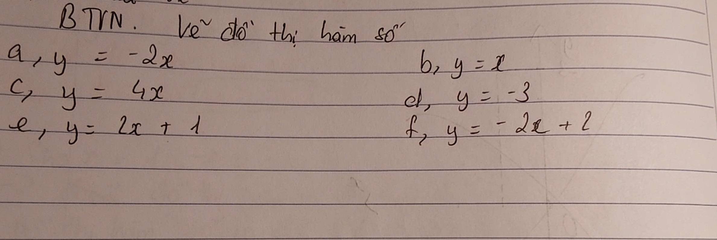 BTVN. Ve do" thi ham 80°
a,y=-2x
O_2 y=x
C,y=4x
el, y=-3
e _  y=2x+1 of, y=-2x+2