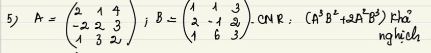 A=beginpmatrix 2&1&4 -2&2&3 1&3&2endpmatrix , B=beginpmatrix 1&1&3 2&-1&2 1&6&3endpmatrix L. CNR: (A^3B^2+2A^2B^3) C -bn^2
nghich